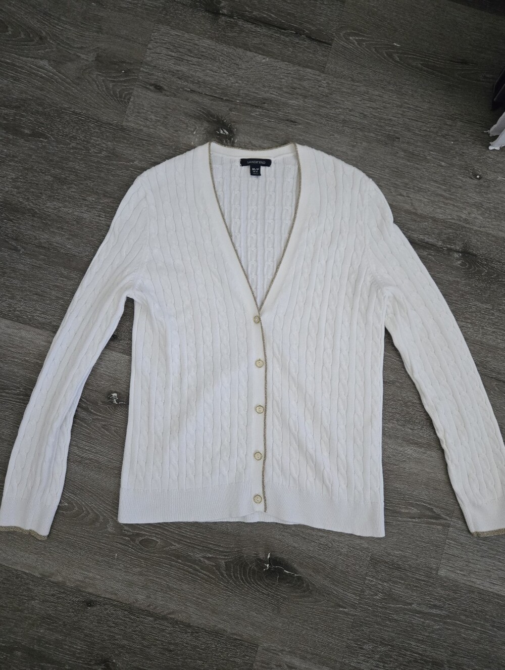 Land's End Classic White Cotton Cable Knit Cardigan Size Medium Petite Preppy